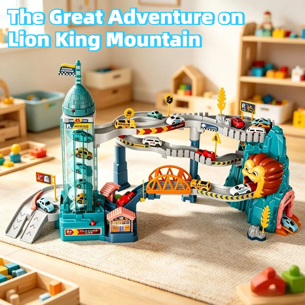 Lion King Mountain Large Adventure Race Track Vehicle Playset with Elevator Tunnel Assembly Building Car Track Toy