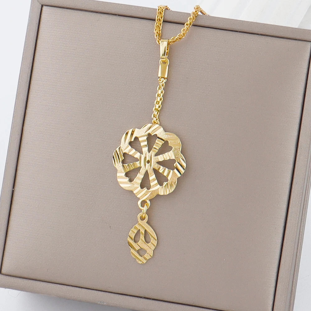 Dubai Gold Color Necklace Jewelry Set for Women Dangle Earrings and Necklace Bridal Weddings Earrings Engagement  Jewellery Gift