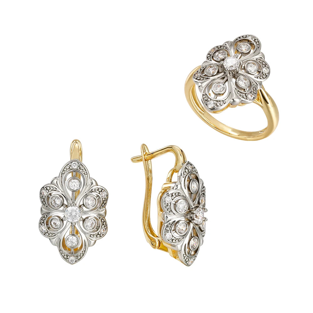Petal design inlaid with zircon two-tone set earrings ring copper plated 14K gold retro fashion jewelry banquet holiday gift