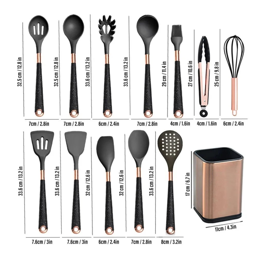 Gold Plated Handle Silicone Cooking Utensils Set Kitchen Non-stick Tool Gadgets BPA FREE Kitchenware Heat Resistant Spatula Set