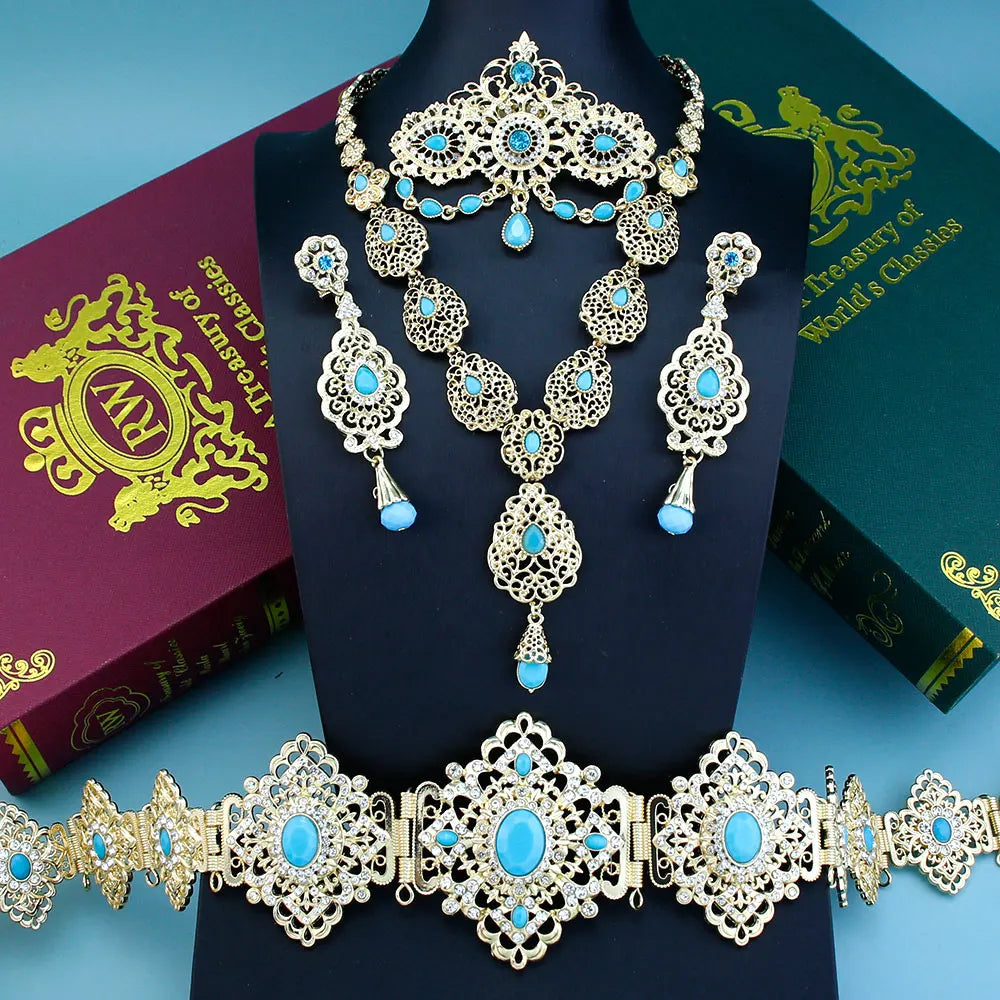 Sunspicems Chic Arabic Bride Jewelry Sets For Women Gold Color Crystal Morocco Belt Necklace Caftan Brooch Earring Muslim Sets
