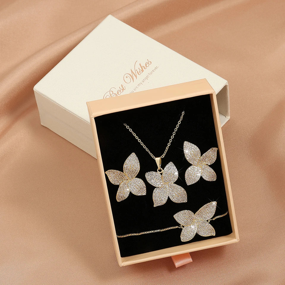 ZAKOL Luxury Micro Pave Setting Cubic Zirconia Leaf Earrings Ring Bracelet Necklace Gorgeous Dubai Jewelry Set For Dinner Party