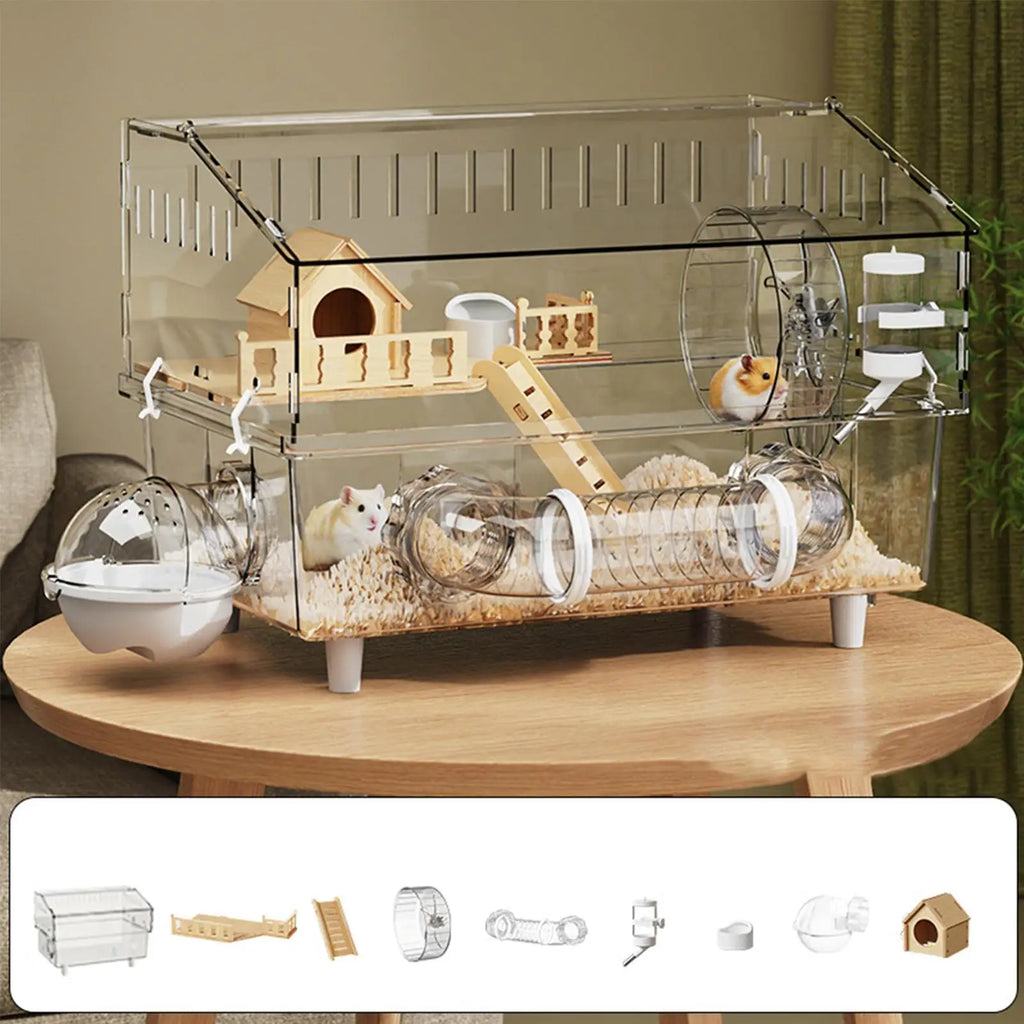 Large Hamster Cage 360 Degree Viewing Clear acrylic Hamster cage Detachable Crate for Gerbils Mice Small Pet Habitat Supplies