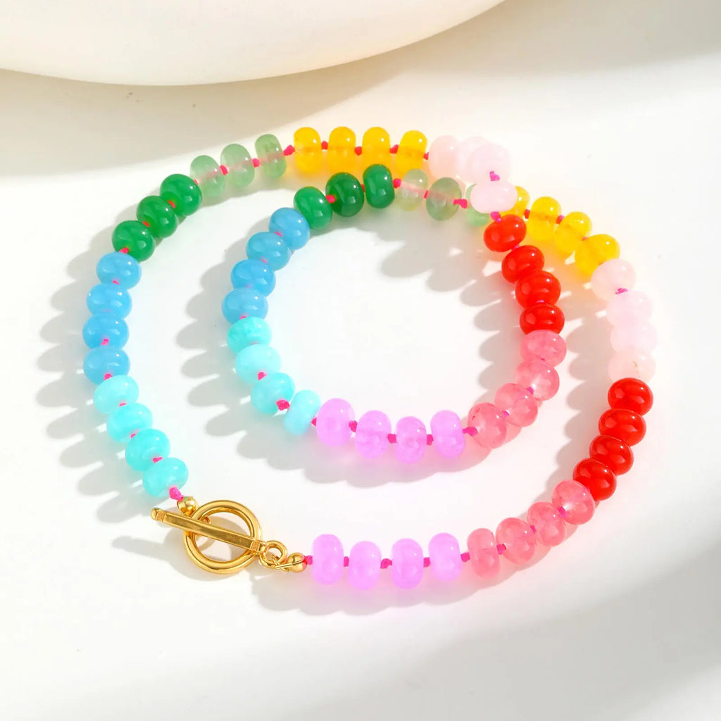 Unique Colored Natural Stone Necklace,Women's Stainless Steel OT Buckle Bead Chain Necklaces,Fashion Jewelry Gifts