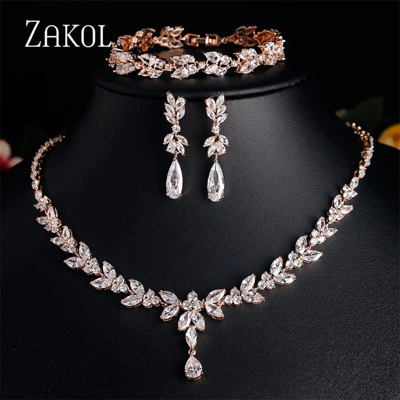ZAKOL Luxury Brilliant Zirconia Leaf Necklace Earrings Rings Bracelets Set for Women CZ Drop Bridal Wedding Jewelry Sets New
