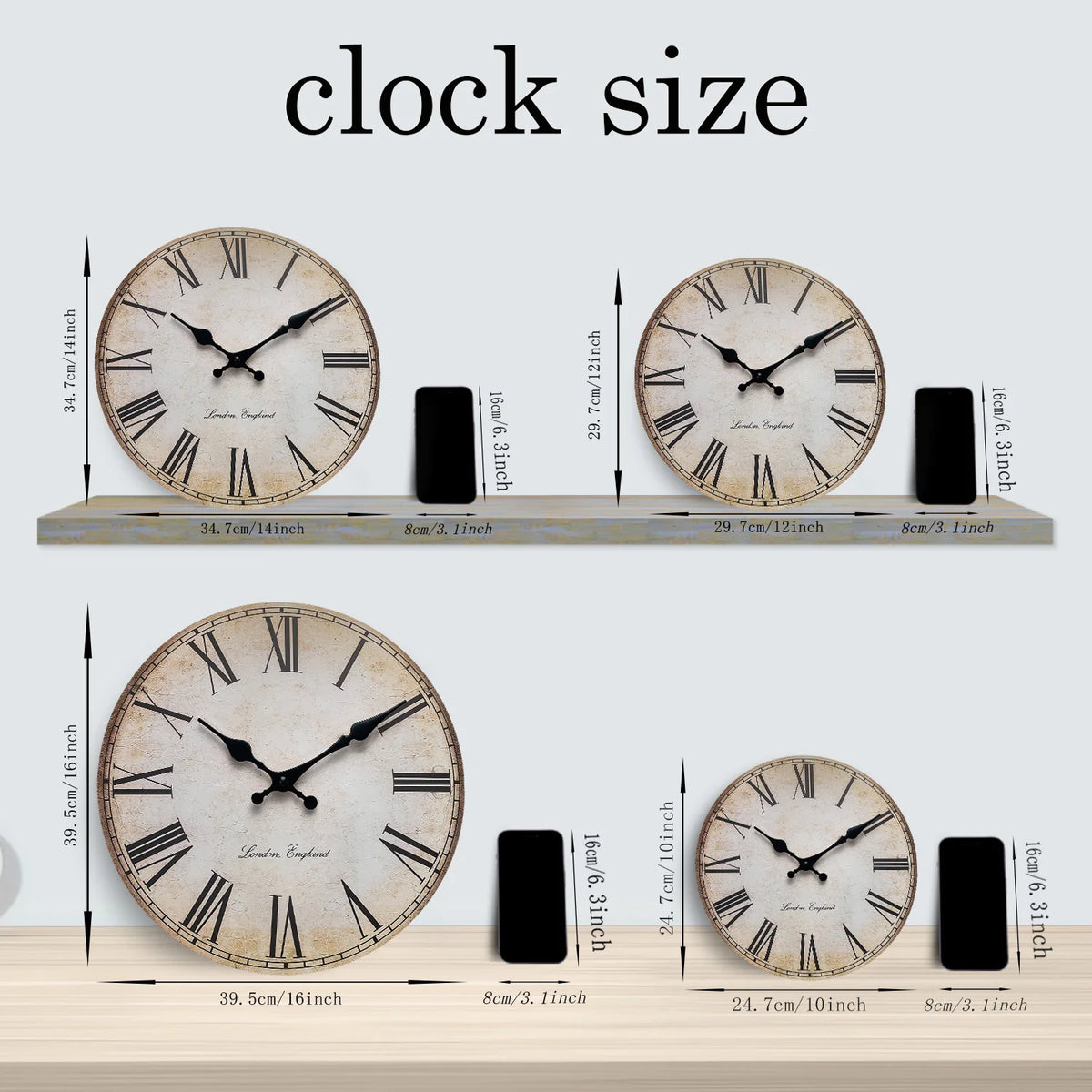 European-Style Retro Roman Numeral Wooden Wall Clock for Living Room, Bedroom, Kitchen, Home Decoration, Silent Quartz Clock, Holiday Gift, 10 Inches, 12 Inches (No Battery)