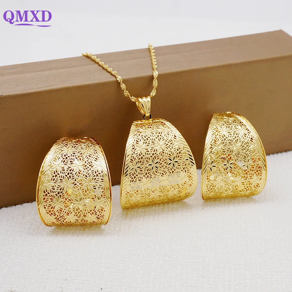 Fashion Dubai Jewelry Sets Gold Color Pendant Copper Classic Earrings Necklace For Women Daily Wear Party Anniversary Gifts