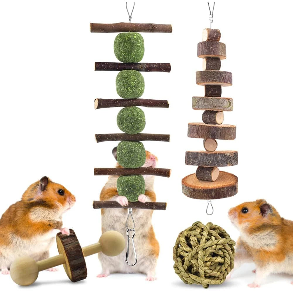Cute Rabbit Roller Toys Natural Wooden Pine Dumbells Unicycle Bell Chew Toys For Guinea Pigs Rat Small Pet Molars Supplies
