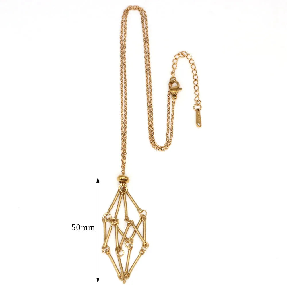 Crystal Cage Necklace Empty Stone Holder Wax Rope Stainless Steel Chain Adjustable Pendant Net Bag Natural Gem Jewelry Accessory