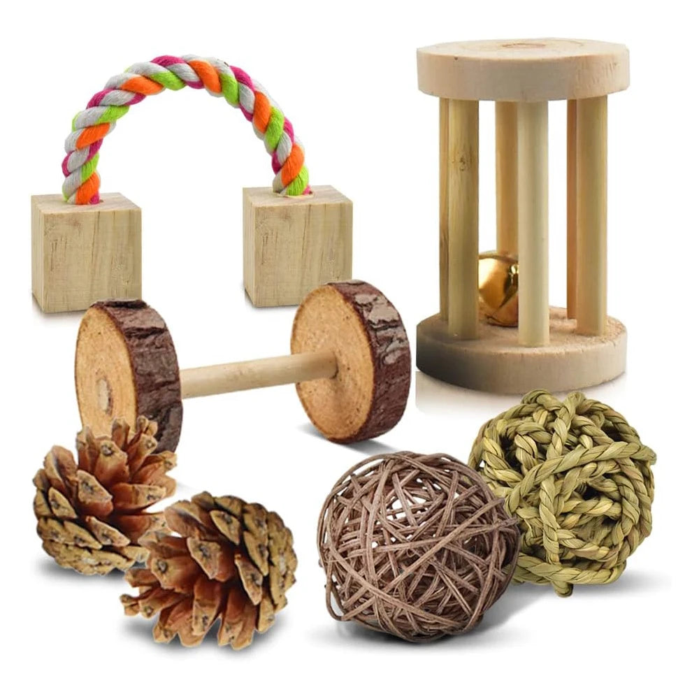 Cute Rabbit Roller Toys Natural Wooden Pine Dumbells Unicycle Bell Chew Toys For Guinea Pigs Rat Small Pet Molars Supplies