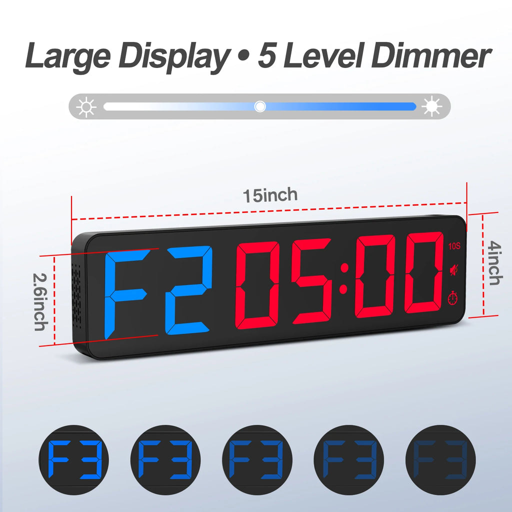 ANJANK Gym Timer 15" Large LED Display Wall Clock,Interval Workout,Count Down & Up,Stopwatch, Adjustable Volume,Upgraded Remote
