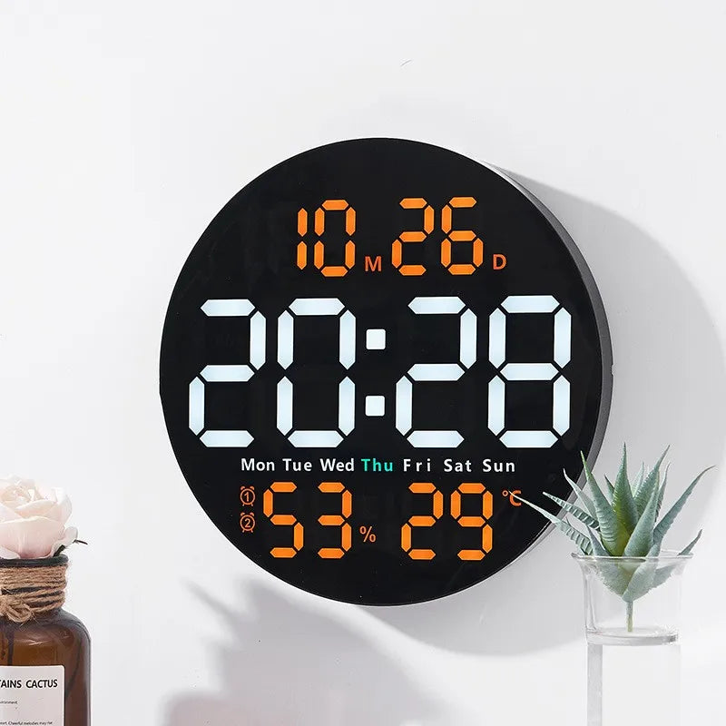 10 Inch Remote Control Digital Wall Clock Temperature Humidity Date Week Timing Countdown 2 Alarm Auto Dimmer LED Alarm Clock