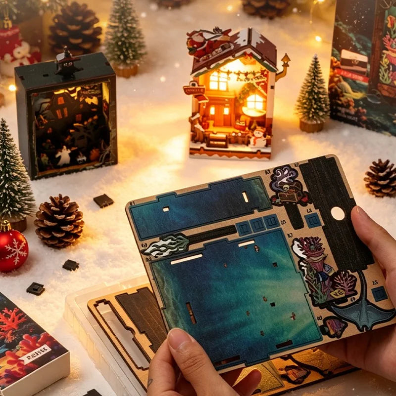 DIY Wooden Dollhouse Kit Warm Christmas Halloween Lodge Cabin with Furniture LED Lights 3D Assembly Magnetic Fridge Sticker