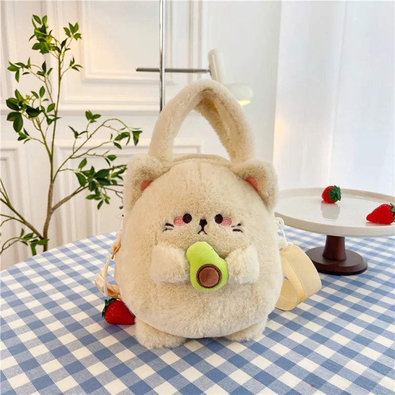 New Rabbit Kitten Plush Toy Backpack Stuffed Animal Rabbit Hold Peach Cat Hold Avocado Portable Shoulder Bag Girl Birthday Gifts