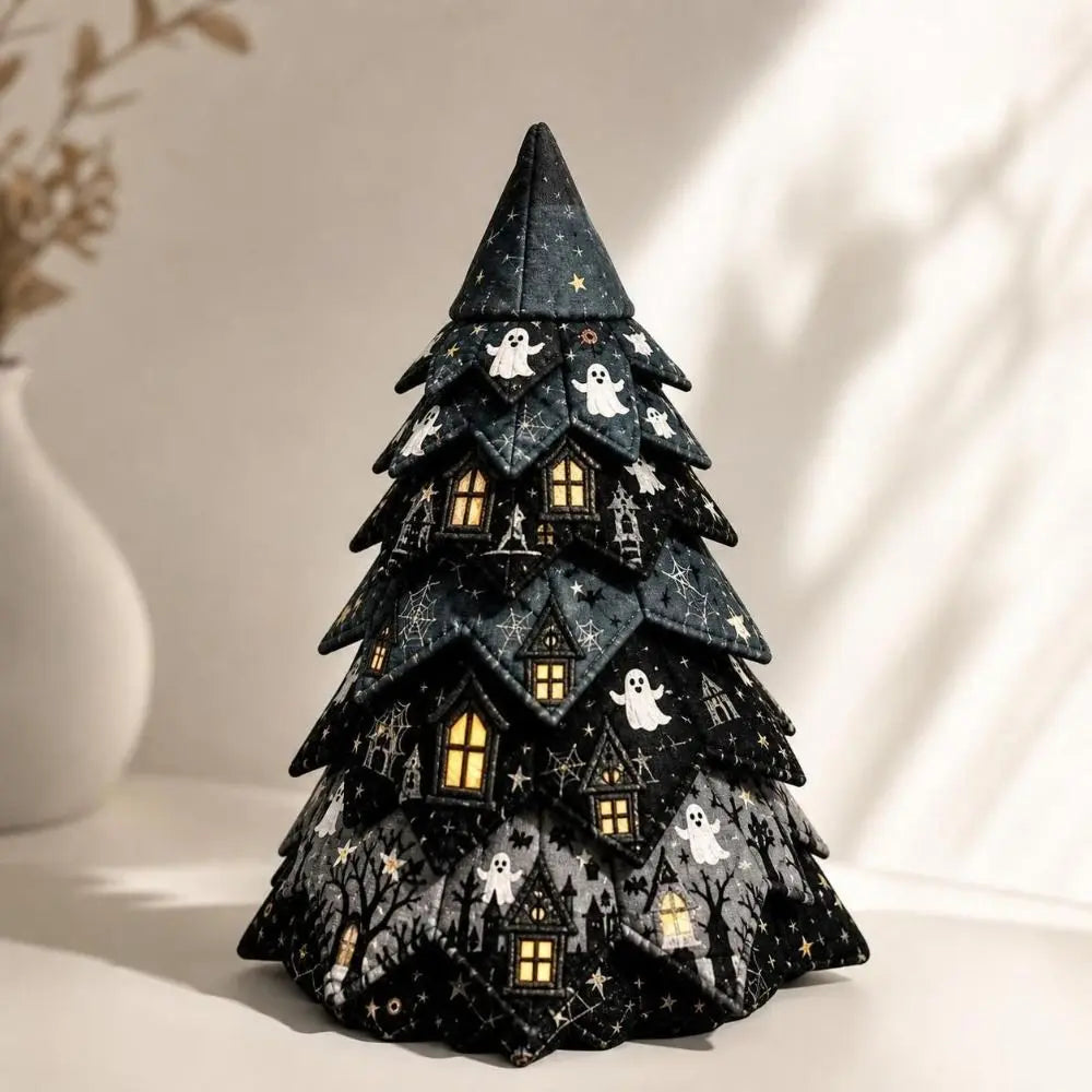 Vintage Halloween Quilted Fabric Tree Kit Pumpkin Ghost Black Cat Spider DIY Patchwork Tabletop Tree Set Tree Ornament 3D Thick
