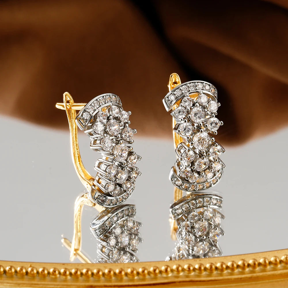 Shiny inlaid zircon earrings ring for women retro fashion jewelry copper plated 14K gold luxury banquet holiday gift jewelry set