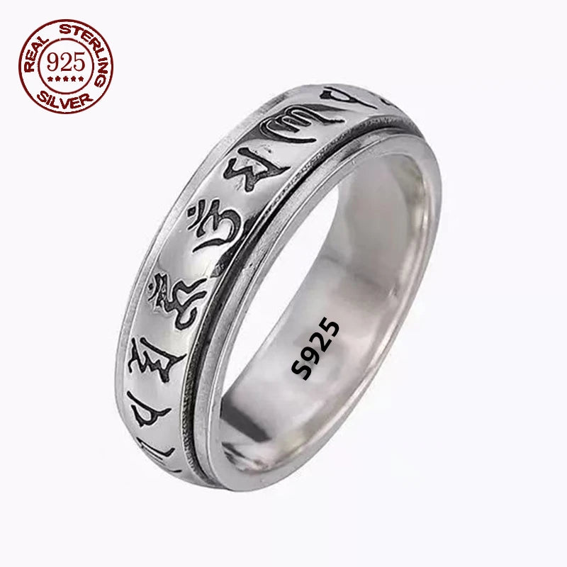 Factory Price S925 Silver Sanskrit Mantra Rotating Men's Ring Literary Simplicity Retro Personality Ring Jewelry Creativity Gift