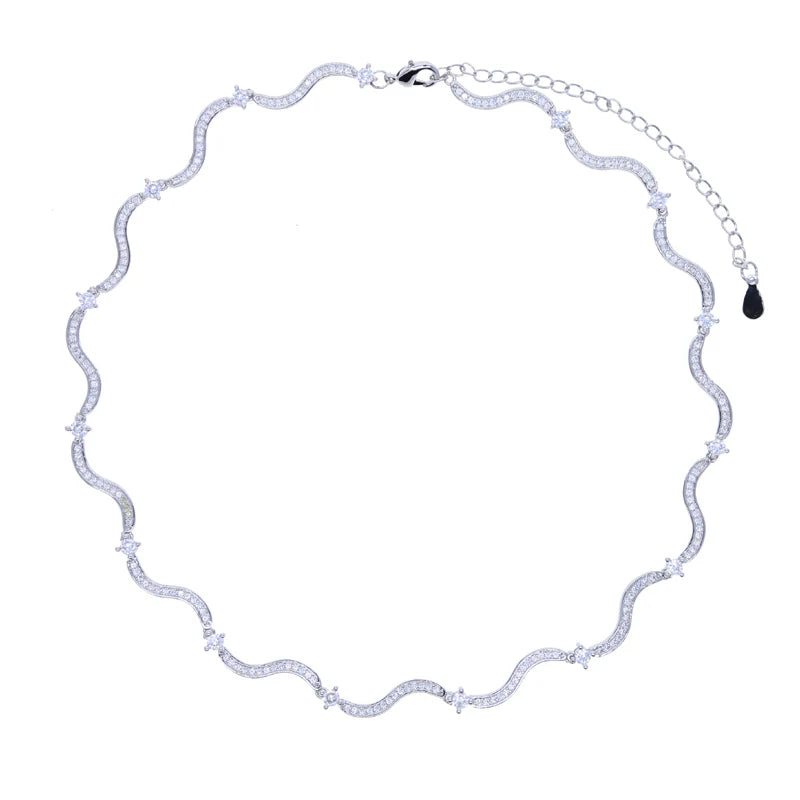 Trendy Geometric Wave Shape Cz Tennis Necklaces for Women Paved White Cubic Zirconia Brass Gold and Silver Color Fashion Jewelry
