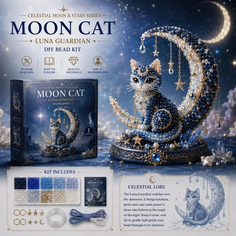 Moon Cat Luna Guardian DIY Bead Kit,Tiny 3D Beaded Luna Guardian Craft Kit, Handmade Magical Cat Kit for Beginner, Home Decor