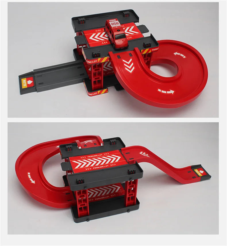 Track Parking Lot Toys Multi-Storey Rail Car Parking Building Fire Police Engineering Vehicle Car Children's Toys