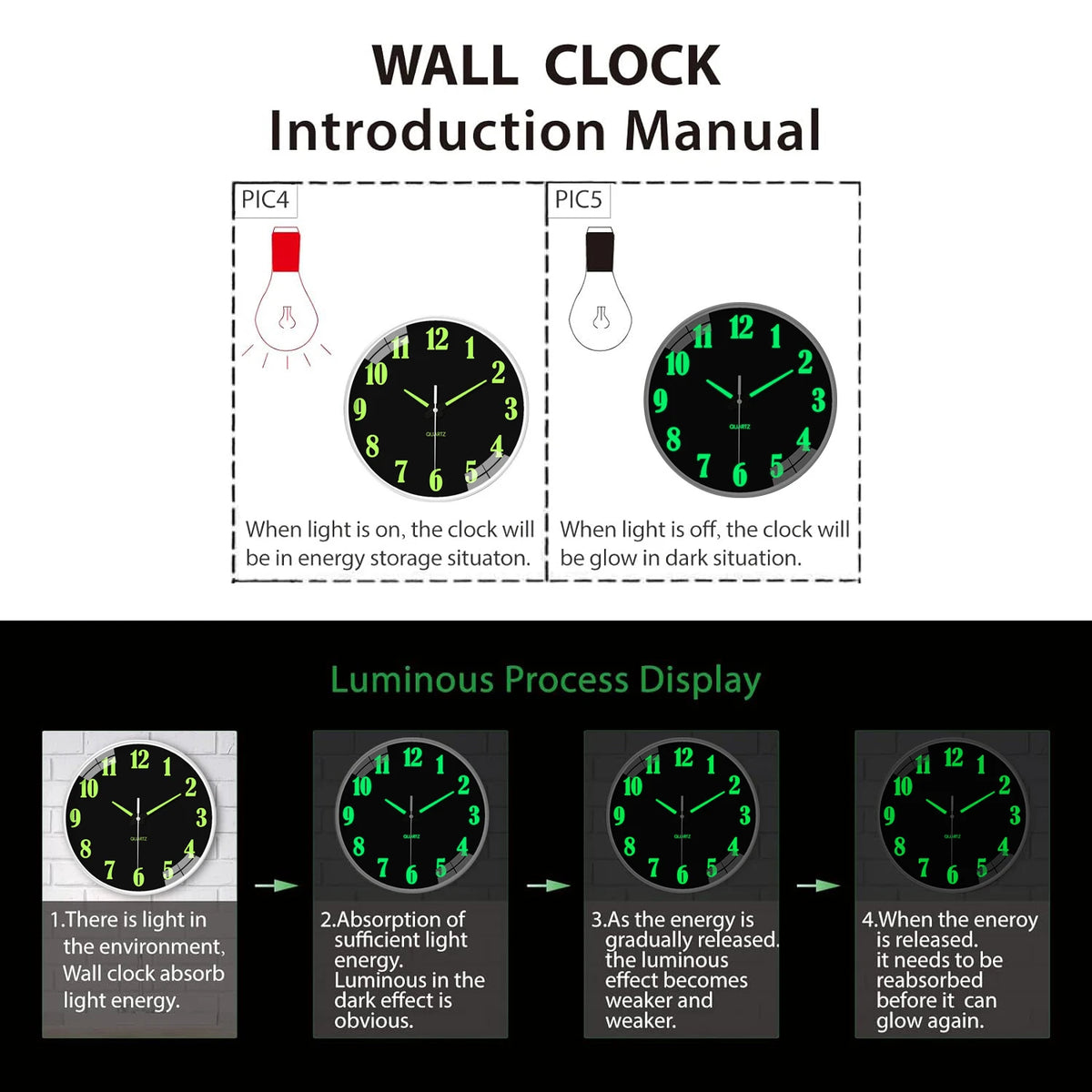 Modern Unique Luminous Plastic Glass Wall Clock, 8-16 Inch Modern Round Silent Luminous Wall Clock, AA Battery Powered, Suitable