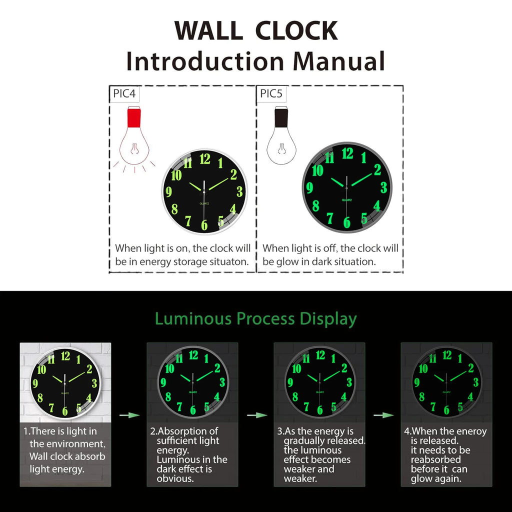 Modern Unique Luminous Plastic Glass Wall Clock, 8-16 Inch Modern Round Silent Luminous Wall Clock, AA Battery Powered, Suitable