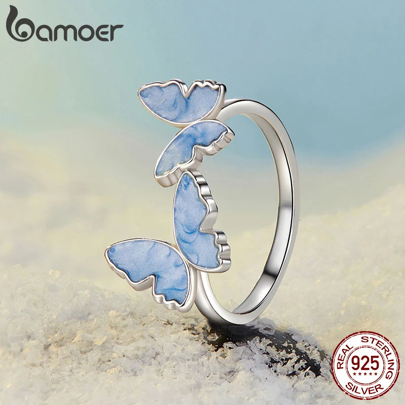 Bamoer 925 Sterling Silver Original Blue Butterfly Ring Lilac Flower Earrings for Women Jewelry Set Anniversary Engagement Gift