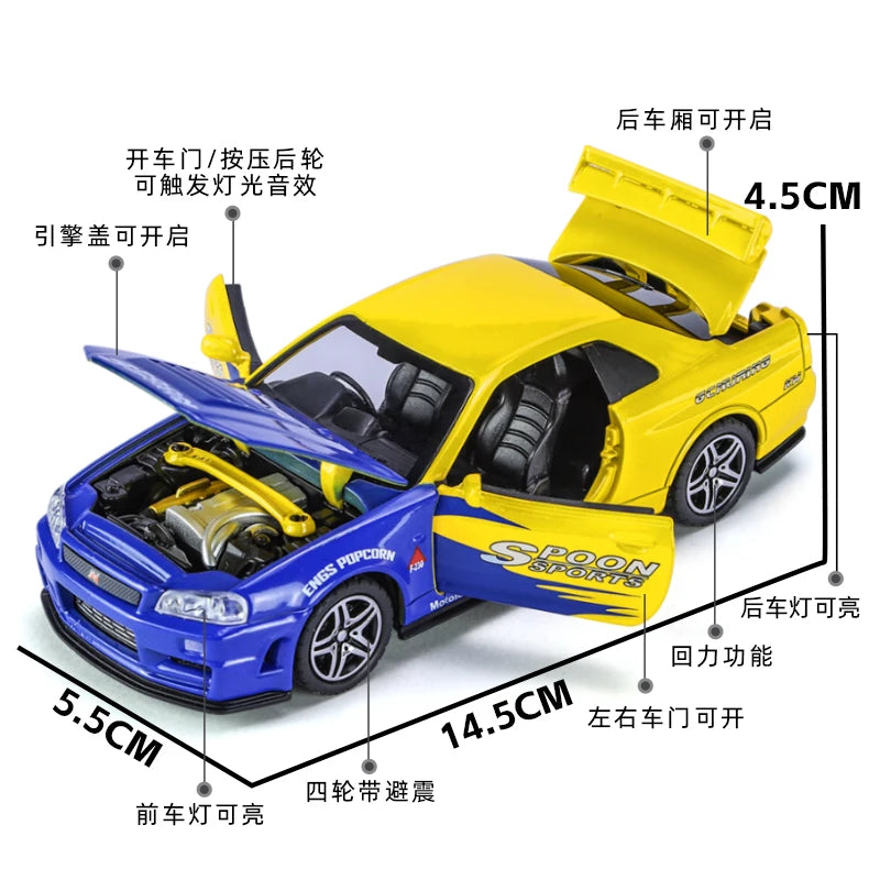 1:32 Scale GTR R34 R35 Diecast Model Alloy Toy Sport Cars Sound Light Pull Back high simulation Kid Birthday Gift Collect
