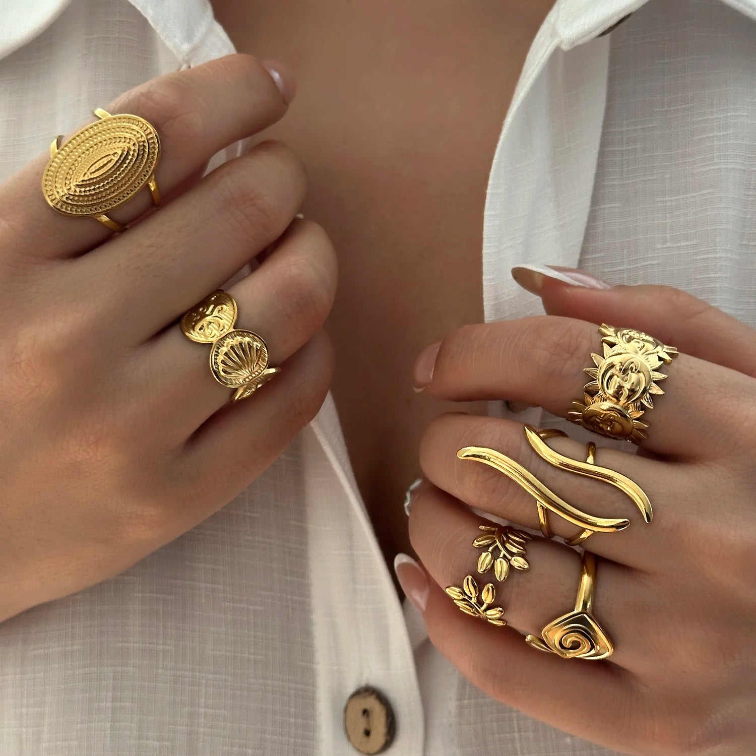 Gmai PVD Plated Stainless Steel Open Rings Set for Women Vintage Sun Leaf Shell Geometric Cuff Ring Hypoallergenic Jewelry Gift