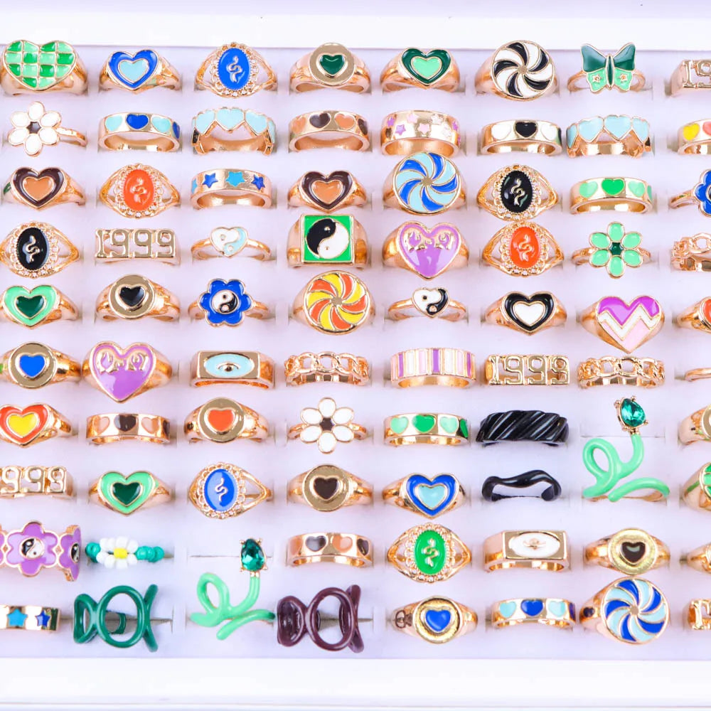 10/20/30/50/100Pcs/Lot Retro Punk Bohemian Rhinestone Carve Rings For Women Mix Style Jewelry Party Gifts Accessories Wholesale
