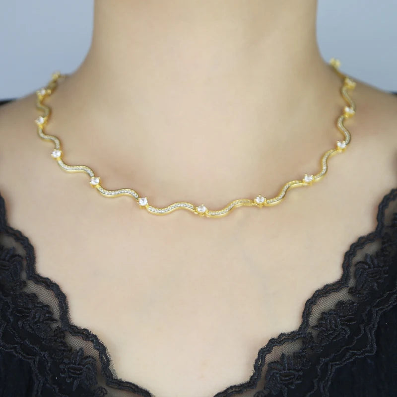 Trendy Geometric Wave Shape Cz Tennis Necklaces for Women Paved White Cubic Zirconia Brass Gold and Silver Color Fashion Jewelry