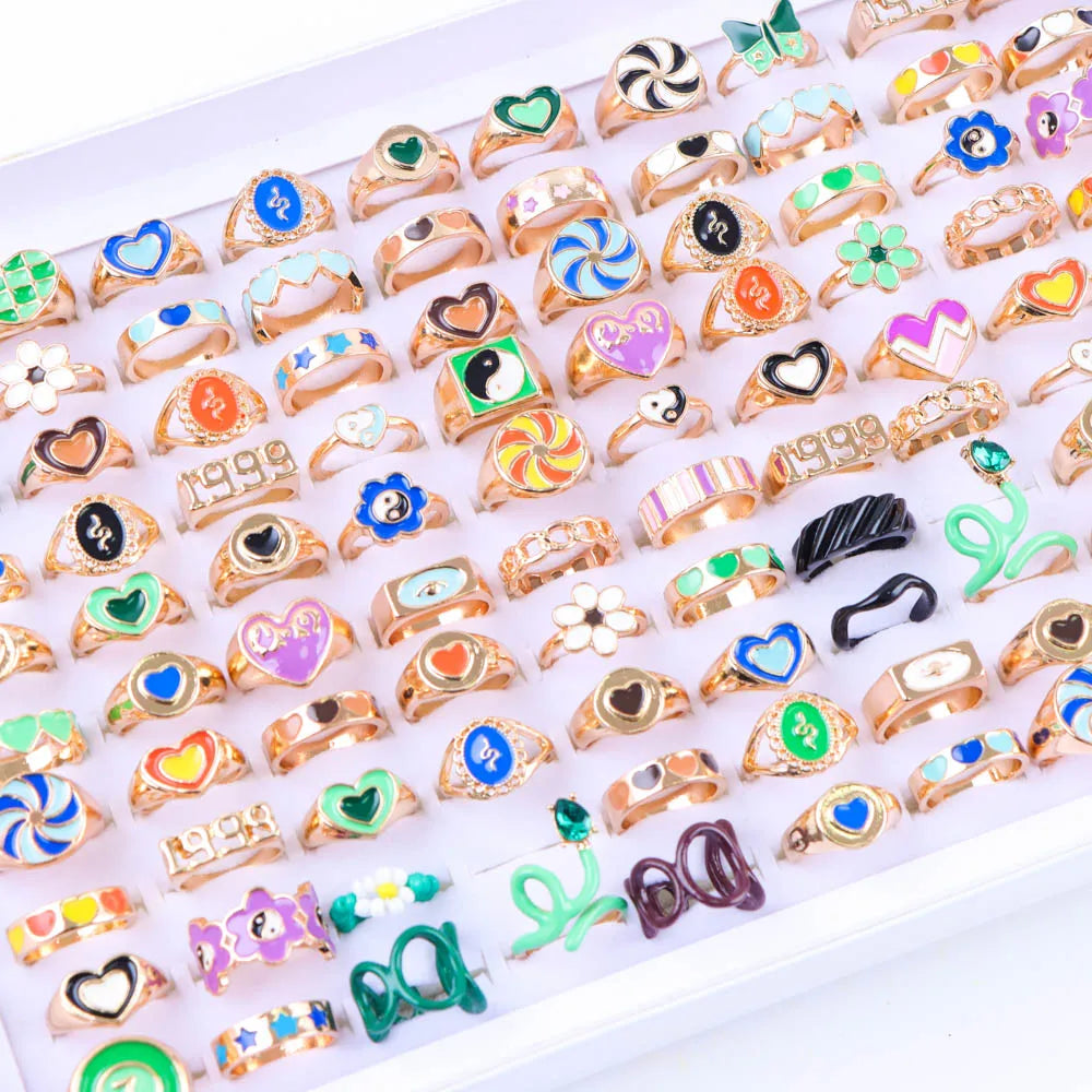 10/20/30/50/100Pcs/Lot Retro Punk Bohemian Rhinestone Carve Rings For Women Mix Style Jewelry Party Gifts Accessories Wholesale