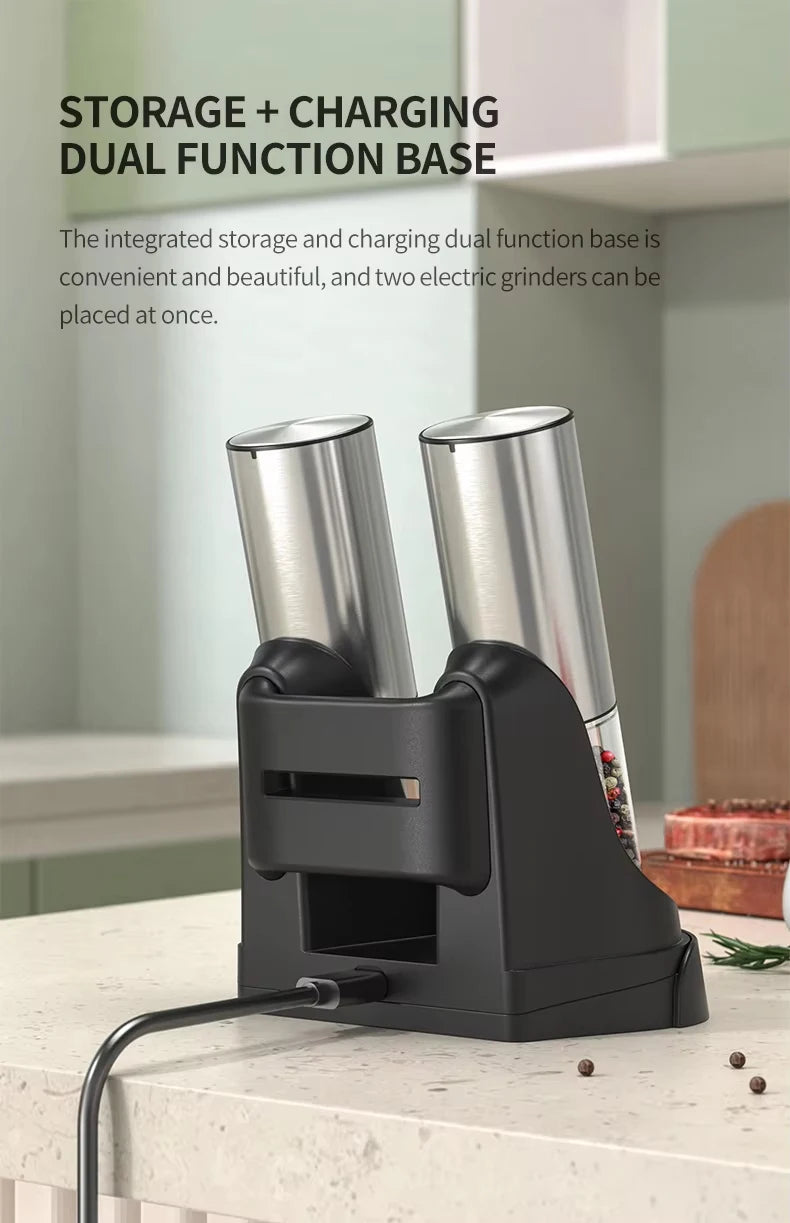 USB Rechargeable Automatic Pepper Grinder Salt And Pepper Mill Adjustable Coarseness Spice Grinder with LED Light for Kitchen