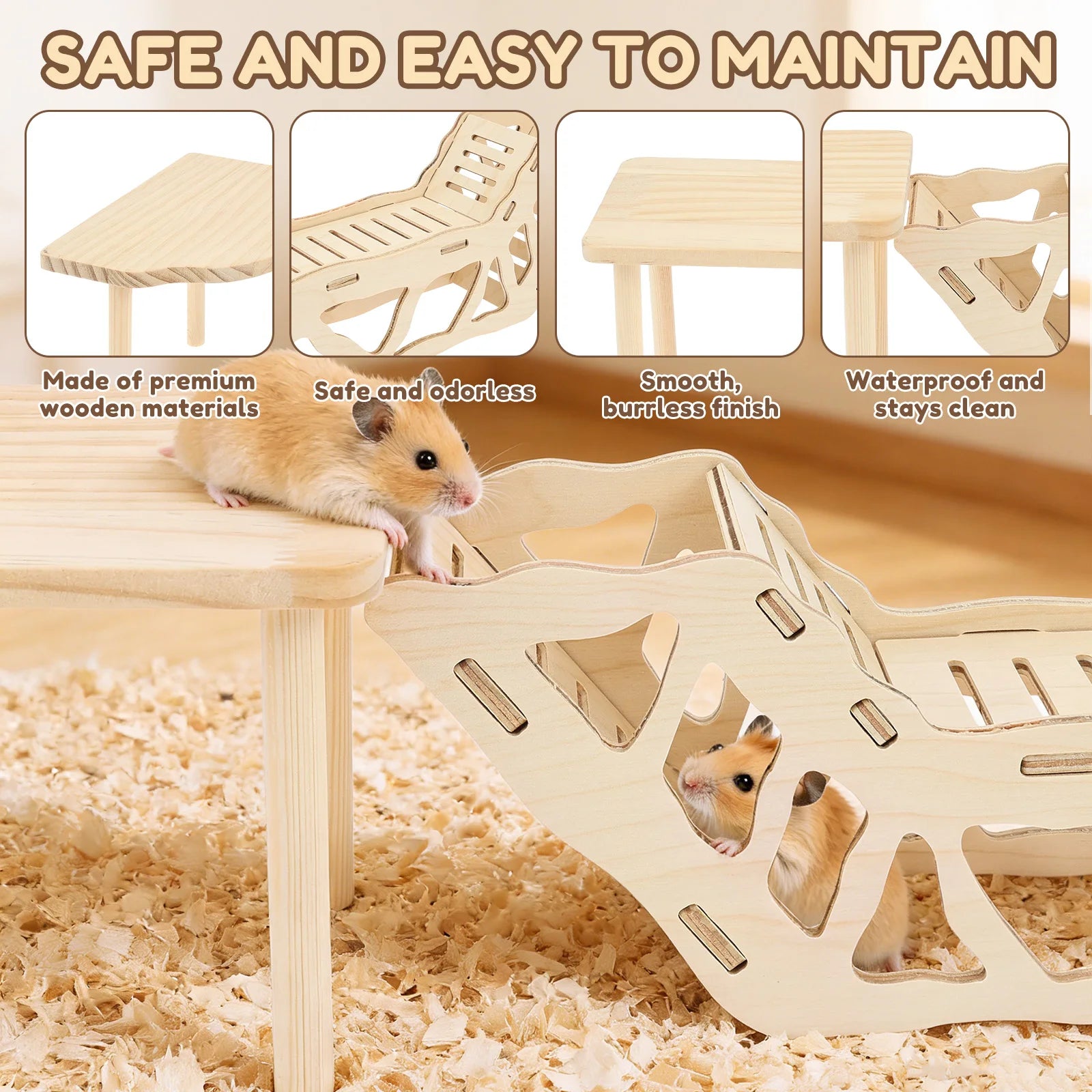 3Pcs Hamster Platform Natural Wood Hamster Climbing Toy with Ramp Tunnel Shelter Small Pet Resting Area Hamster Cage Accessories
