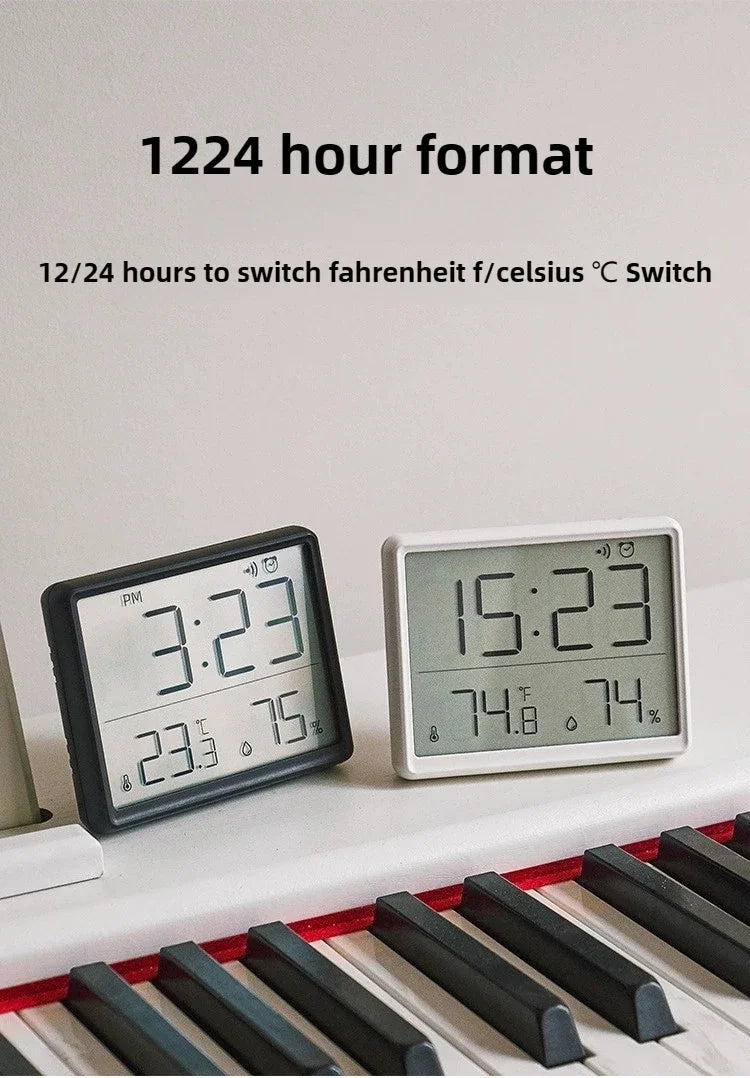 3-in-1 Smart Digital Clock - Temperature & Humidity Display + Alarm - Ultra-Thin Adhesive Mount for Wall or Tabletop Use