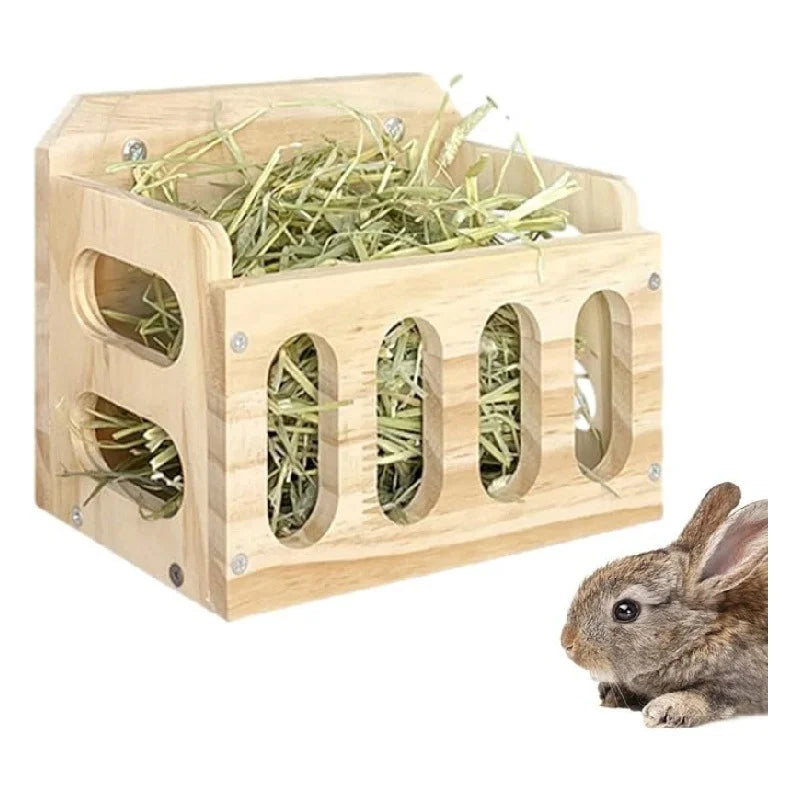 Natural Wooden Hay Feeder Rack - Hanging Guinea Pig Rabbit Feeding Grass Holder for Chinchilla Hamster Small Pet Cage Accessorie