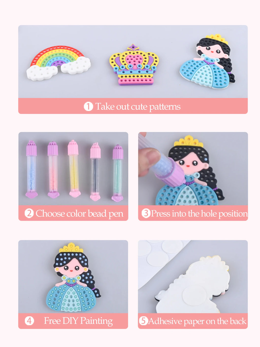 Handmade Set Beads Pen DIY Girls Toys, Creative Production Sticker Princess Rainbow Bow Girl Gifts Toy for Kids