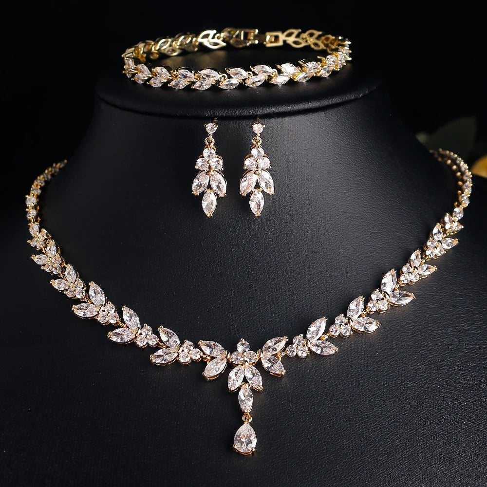 ZAKOL Luxury Brilliant Zirconia Leaf Necklace Earrings Rings Bracelets Set for Women CZ Drop Bridal Wedding Jewelry Sets New
