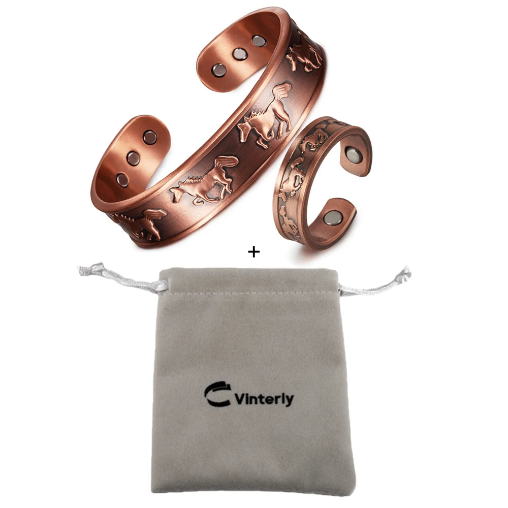 Pure Copper Jewelry Set Magnetic Horse Bracelets Rings Health Energy Adjustable Men Vintage Jewelry-set Open Cuff Resizable