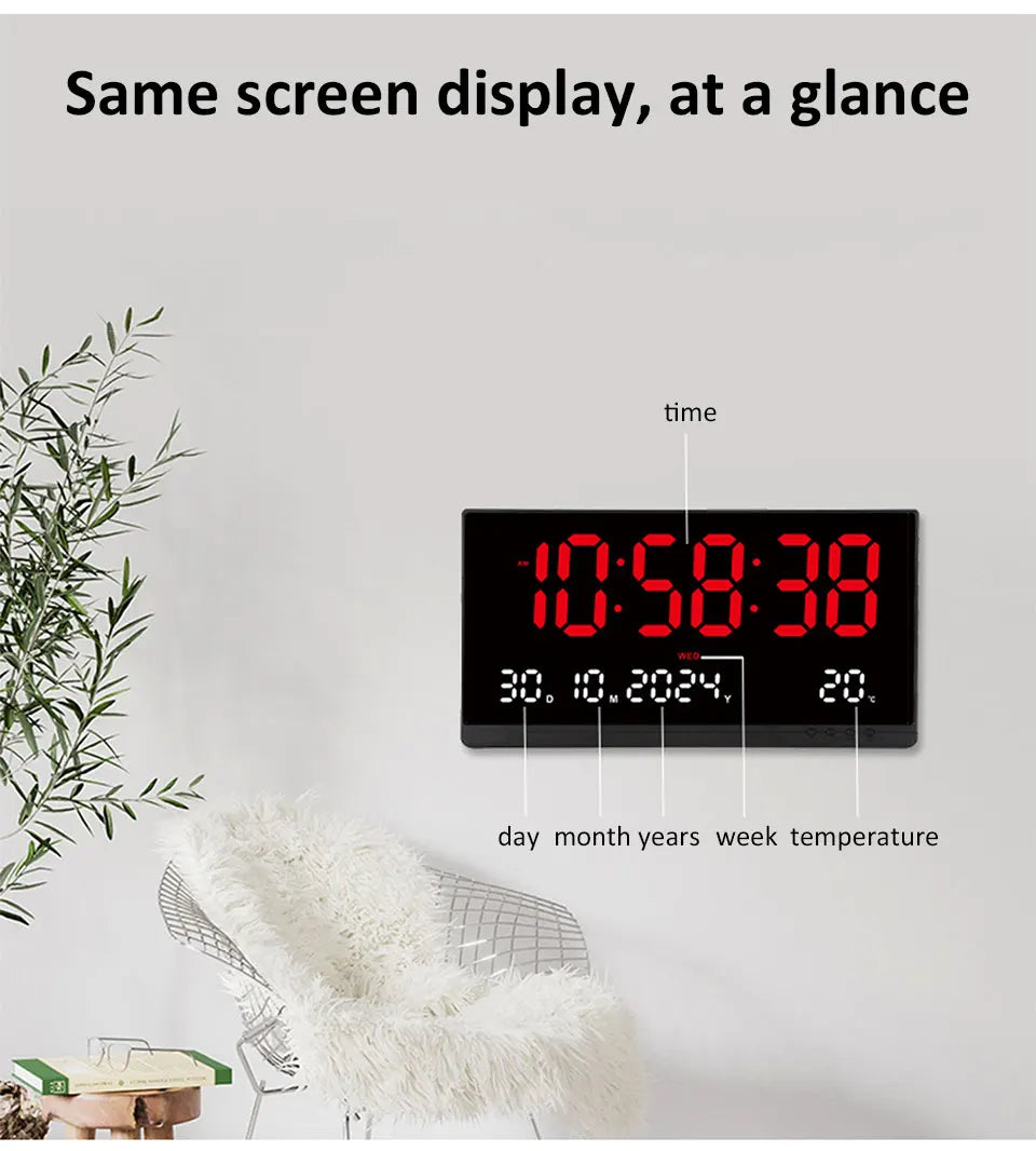 21'' Large Digital Wall Clock Date Calendar 12/24H Time/Date/Week/Temperature Display USB Powered Electronic LED Alarm Clock