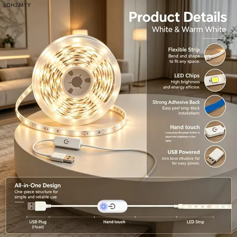 1 Led Light Strip with Touch Control Dimming, Low Voltage 5V, USB Powered, Touch Switch, Long Press to Adjust Light Brightness, Can Be Cut to Different Lengths, 3000K Warm White/6000K Pure White Led Strip, Suitable for