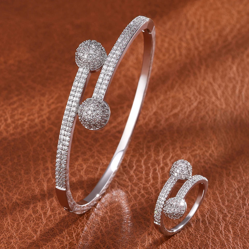 ZAKOL 9 Styles Slivery Open Bracelet Ring Jewelry Set Luxury Shiny Zircon Middle East Trendy Jewelry for Women Gift