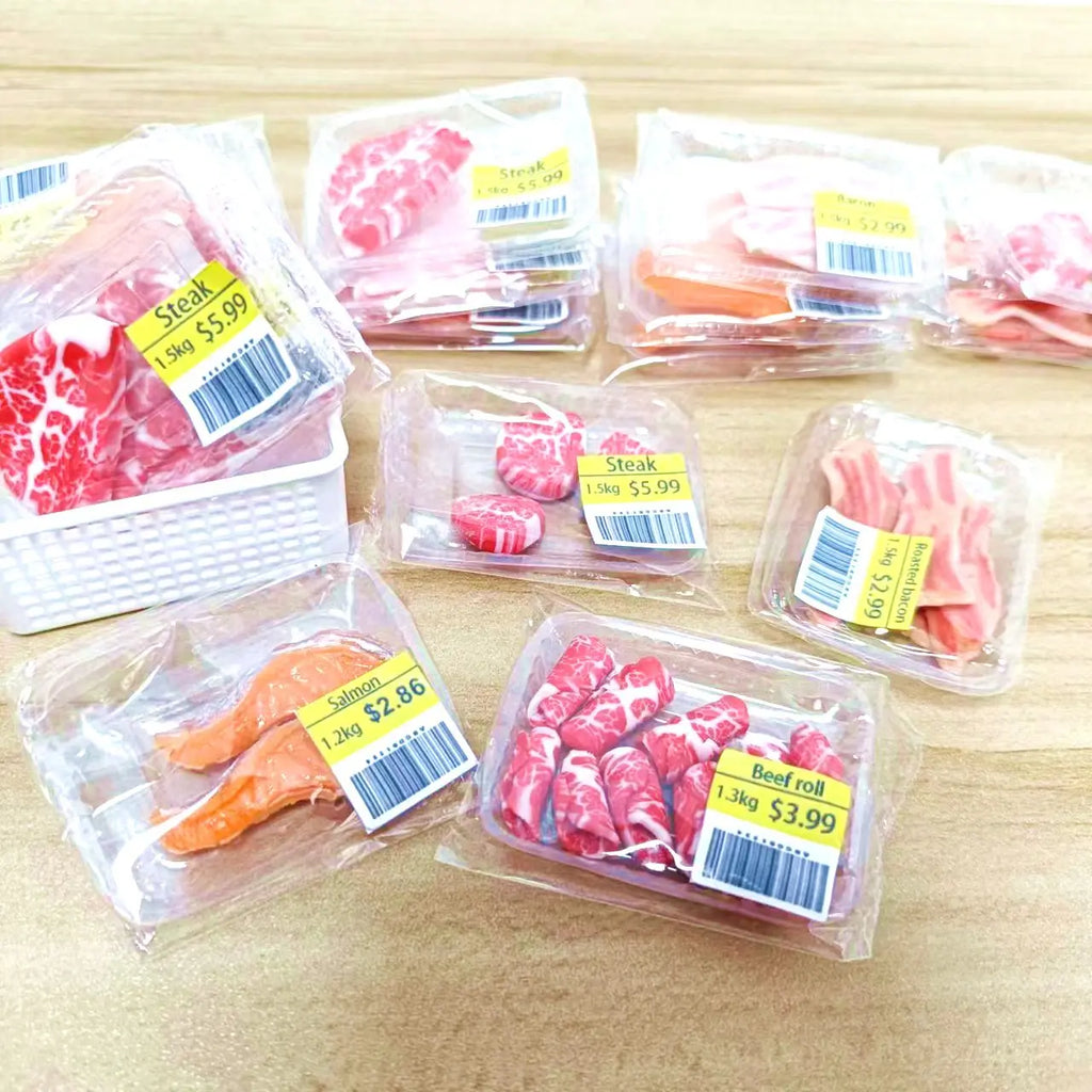 New Miniature Supermarket Food Simulation Beefsteak Salmon Bacon Beef Roll for Doll House Mini Kitchen Clay Food Accessories