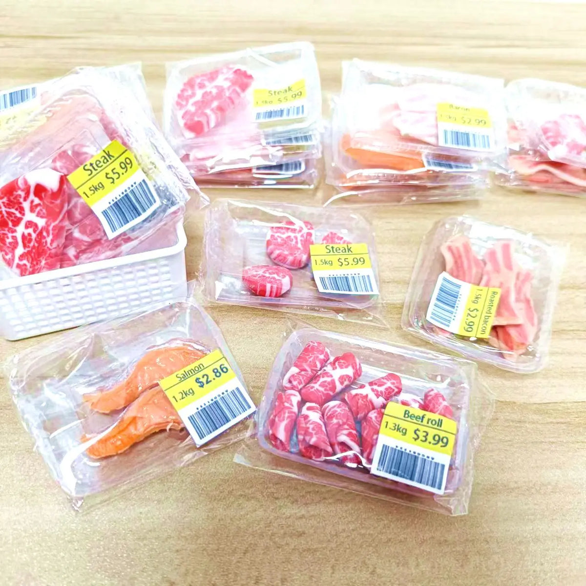 New Miniature Supermarket Food Simulation Beefsteak Salmon Bacon Beef Roll for Doll House Mini Kitchen Clay Food Accessories