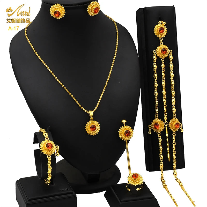 ANIID Ethiopian Gold Color 6pcs Jewelry Sets For Women Dubai Flower Shape Nigerian Luxury Necklace Jewellery Set Wedding Gifts