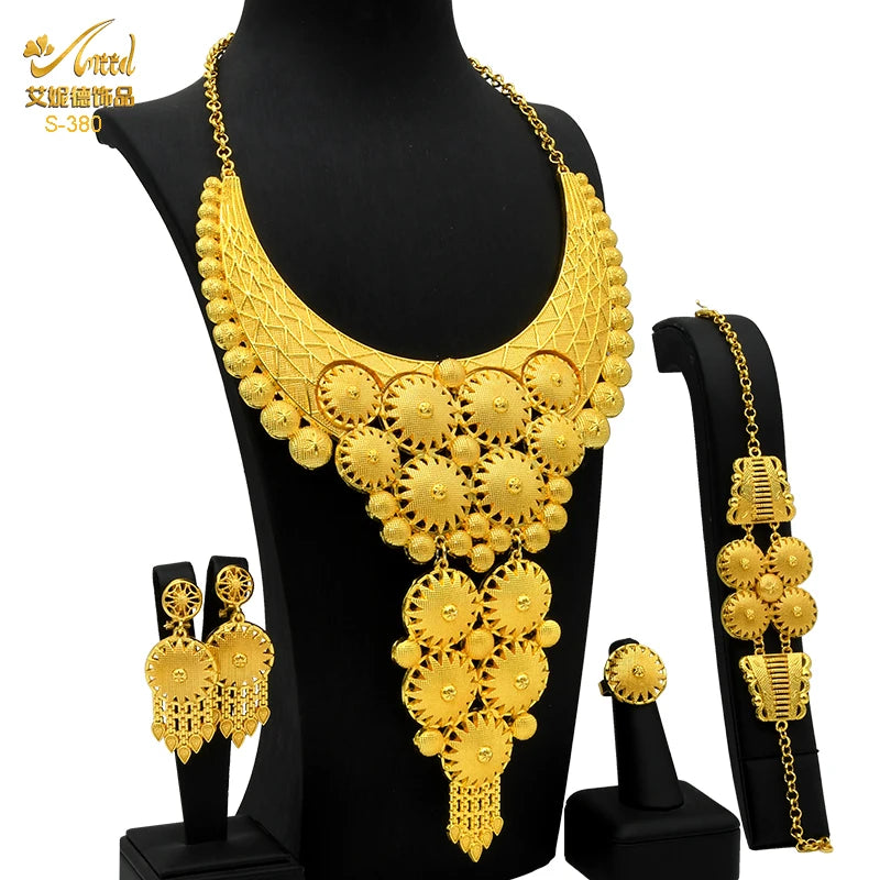 Dubai Indian Necklace Earrings Big Pendant Jewelry Set Gold Color For Women Nigeria African Bridal Wedding Party Jewellery Gifts