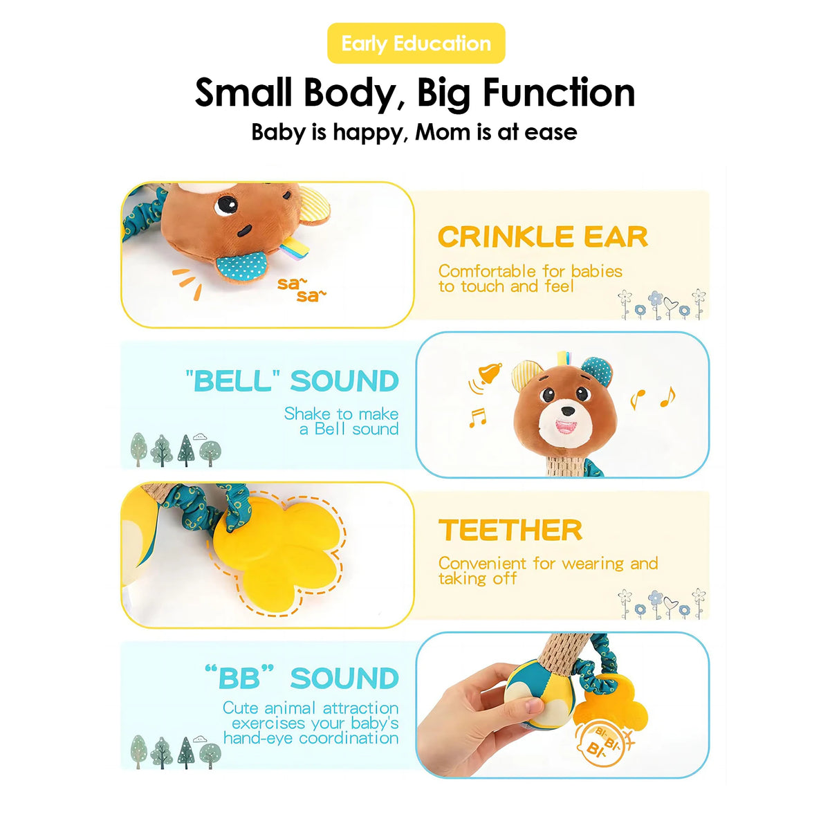 1pcs 0-6 Months Dental Gum Hand Grip Plush Doll Can Bite Practice Grasping Parent Baby Interactive Puzzle Rattle Soothing Toy