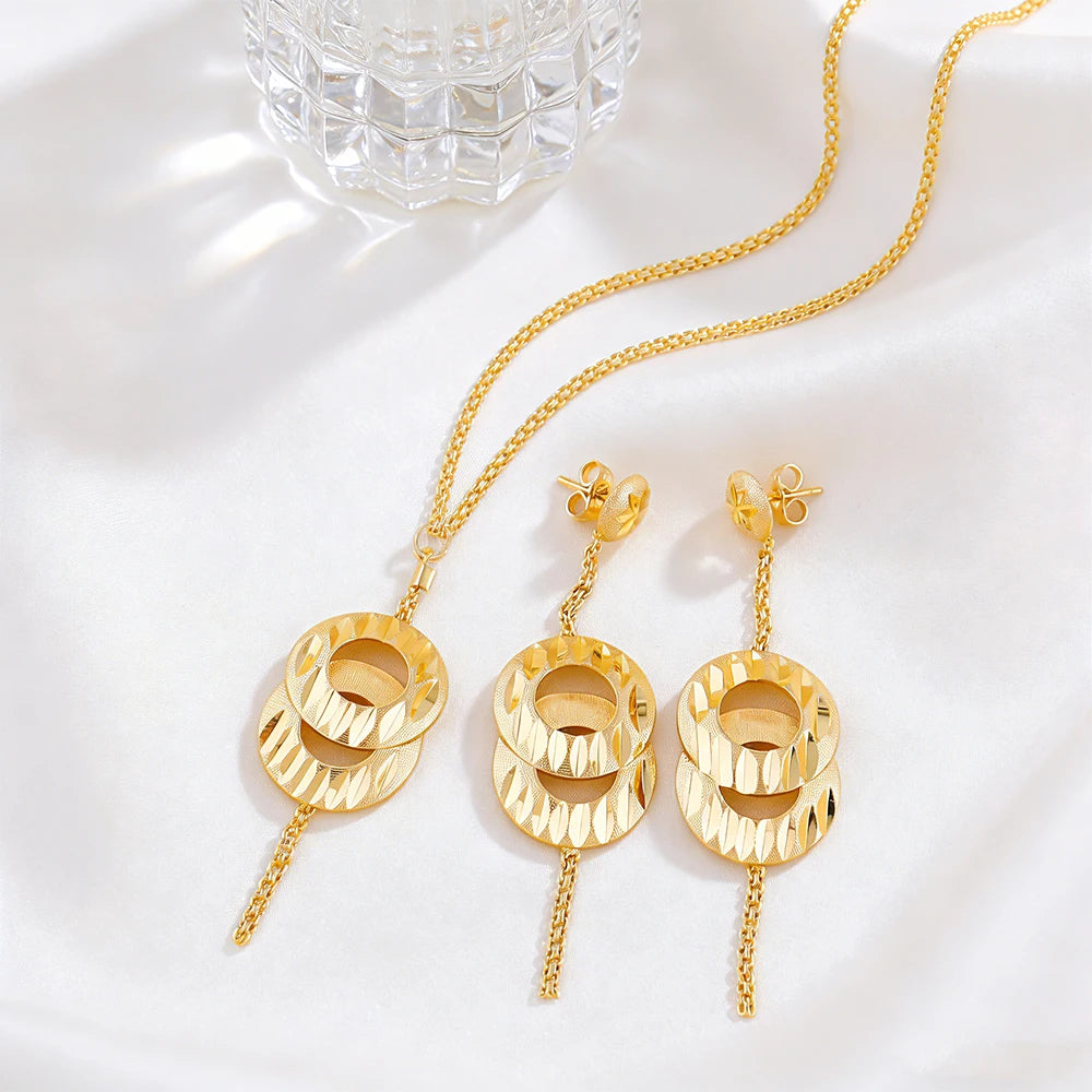 Dubai Gold Color Necklace Jewelry Set for Women Dangle Earrings and Necklace Bridal Weddings Earrings Engagement  Jewellery Gift