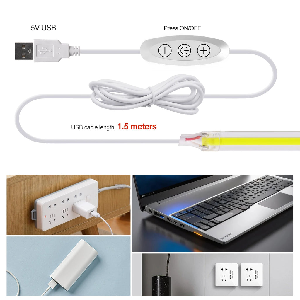 5V COB LED Strip Light 320LEDs/M Touch Sensor Dimmable USB Flexible LED Ribbon Adhesive Tape DIY Mirror TV Backlight Night Light