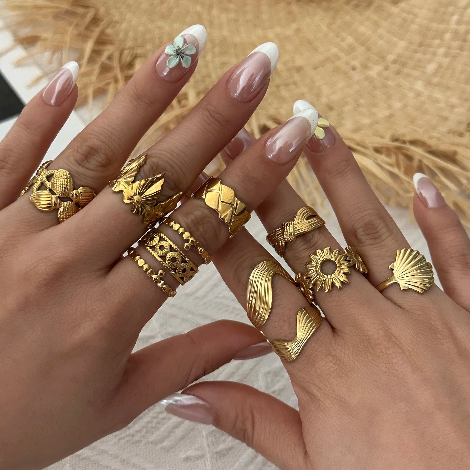 Gmai PVD Plated Stainless Steel Open Rings Set for Women Vintage Sun Leaf Shell Geometric Cuff Ring Hypoallergenic Jewelry Gift